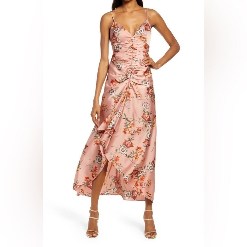 Floret Studios Satin Pink Floral Front Ruched High Low Sleeveless Midi Dress